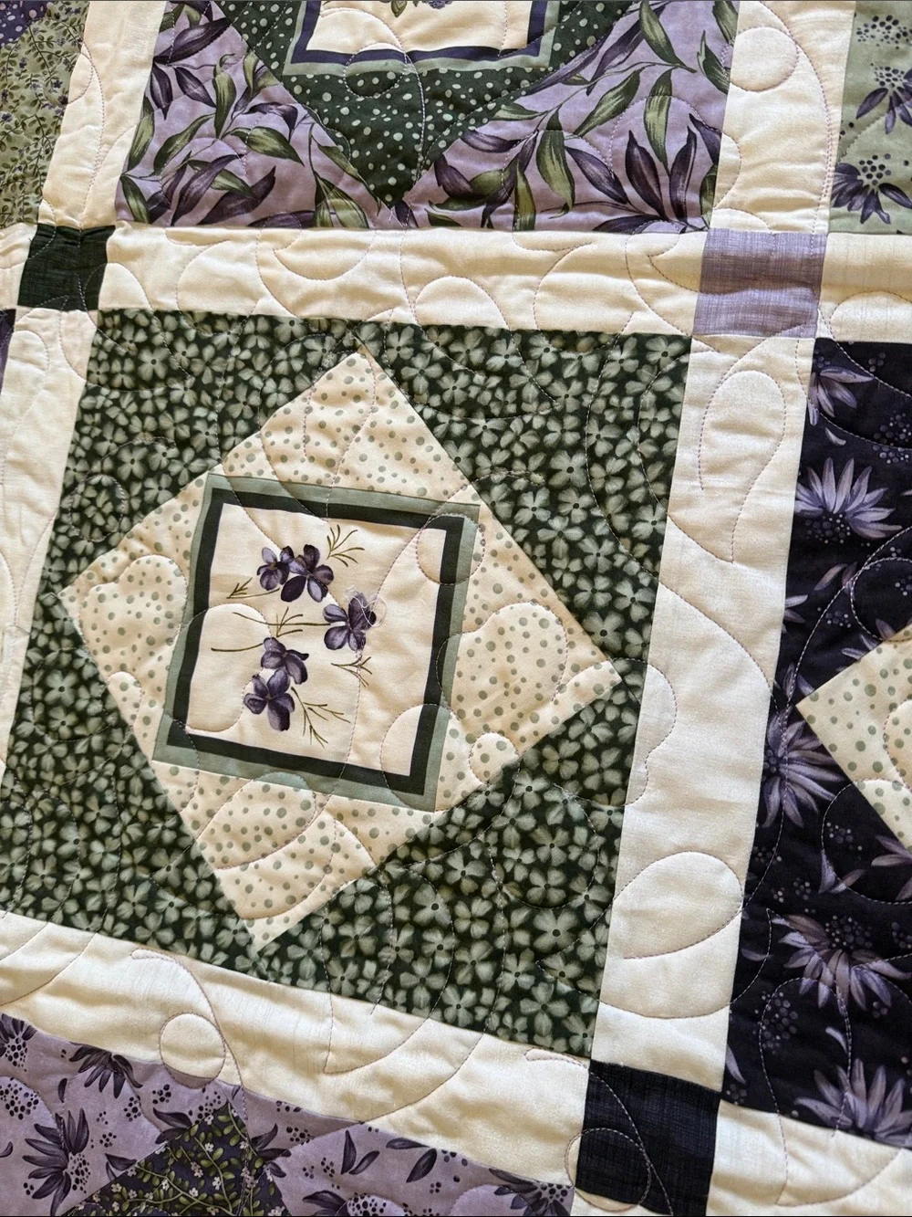 New Handcrafted Floral Patchwork Quilt in Purple & Green